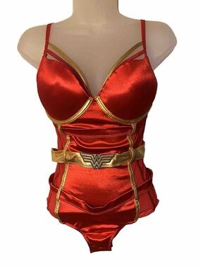 DC Comics Red & Gold Satin Wonder-Woman Inspired Bustier Bodysuit - Lingerie (XL